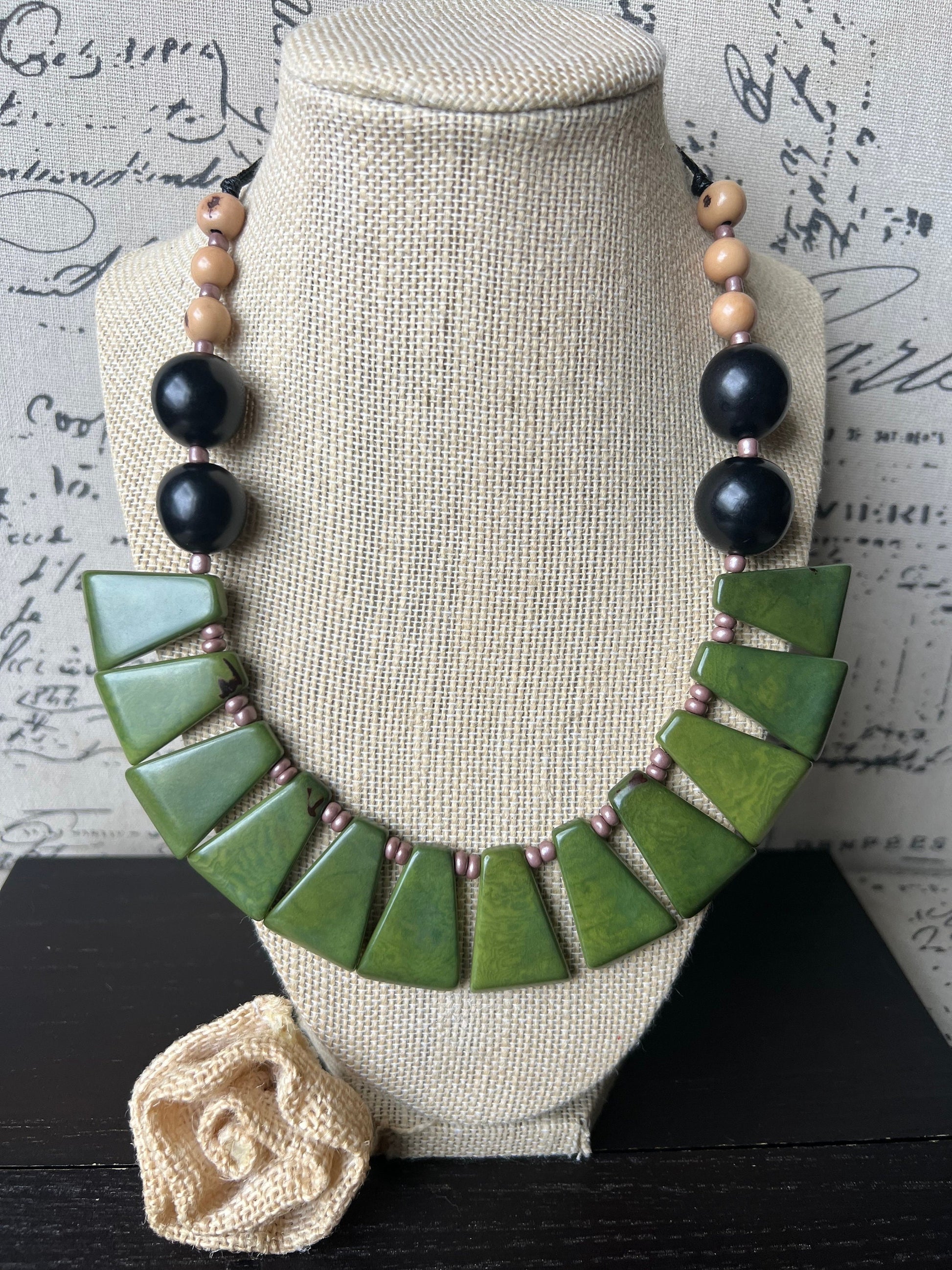 Olive green necklace Adjustable cord Tagua nut jewelry Big bold chunky necklace Art to wear Handmade beaded necklace Statement bead necklace