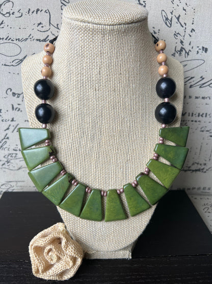 Olive green necklace Adjustable cord Tagua nut jewelry Big bold chunky necklace Art to wear Handmade beaded necklace Statement bead necklace