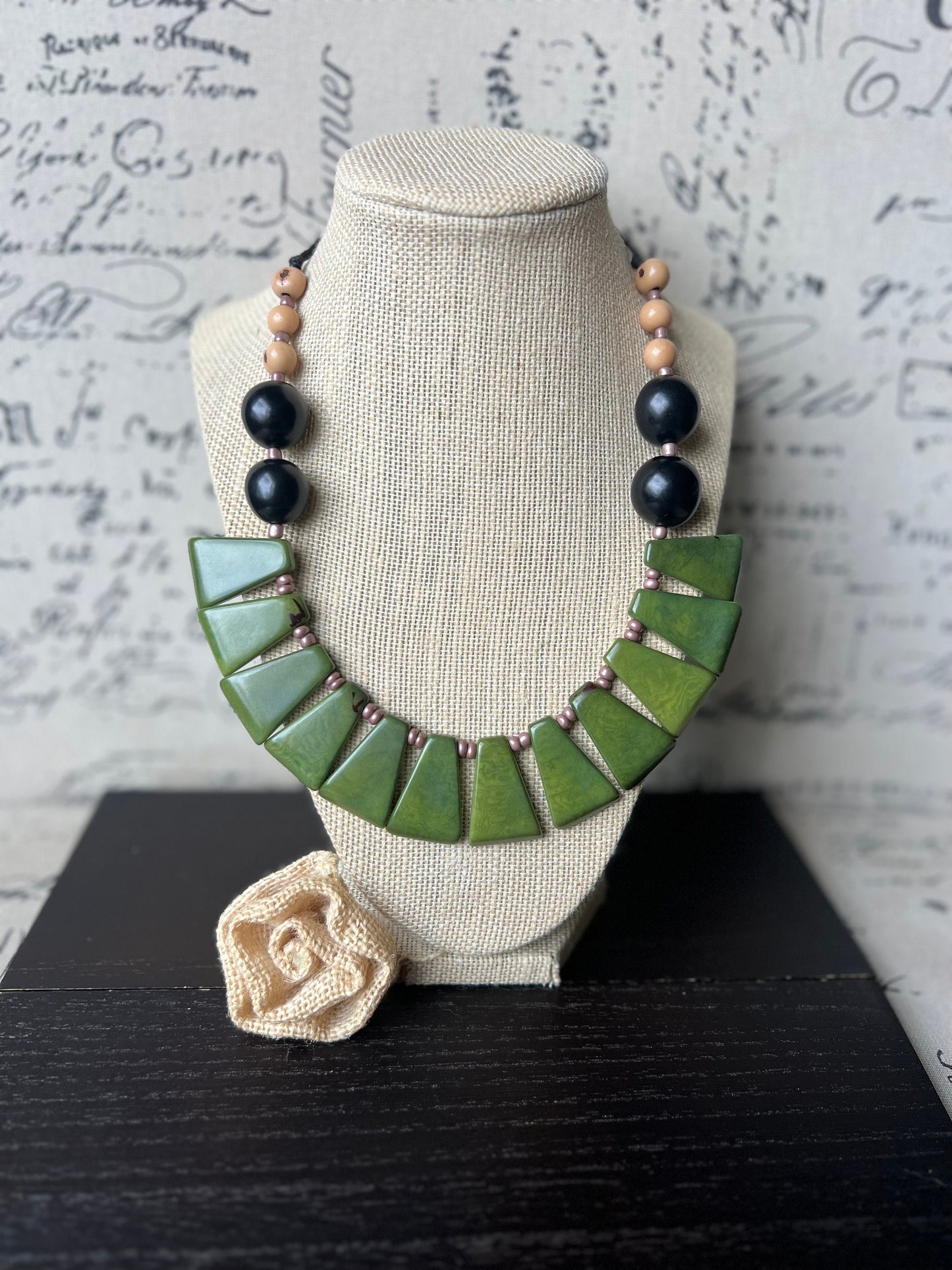 Olive green necklace Adjustable cord Tagua nut jewelry Big bold chunky necklace Art to wear Handmade beaded necklace Statement bead necklace