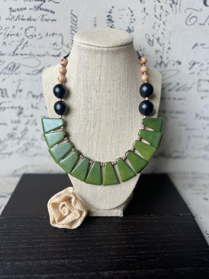 Olive green necklace Adjustable cord Tagua nut jewelry Big bold chunky necklace Art to wear Handmade beaded necklace Statement bead necklace