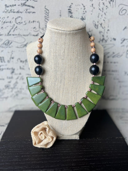 Olive green necklace Adjustable cord Tagua nut jewelry Big bold chunky necklace Art to wear Handmade beaded necklace Statement bead necklace