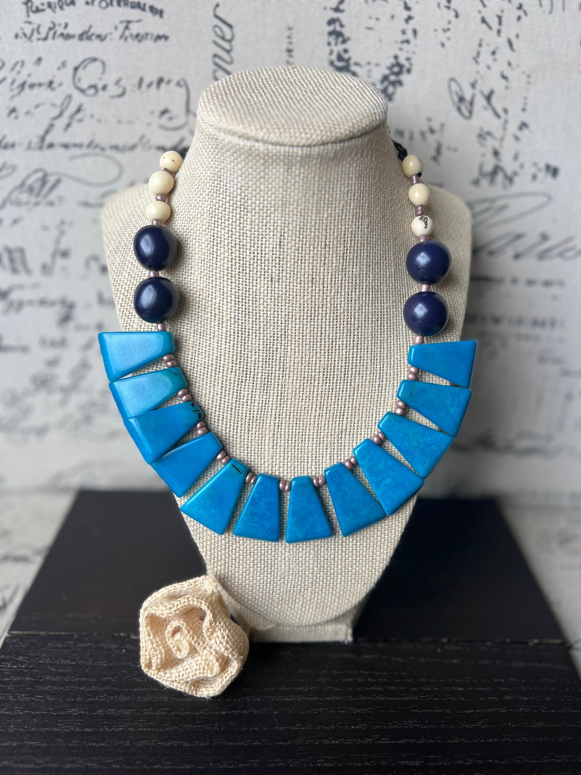 Turquoise statement necklace Adjustable cord Tagua jewelry Wearable art Big bold chunky necklace Fall fashion Handmade beaded necklace