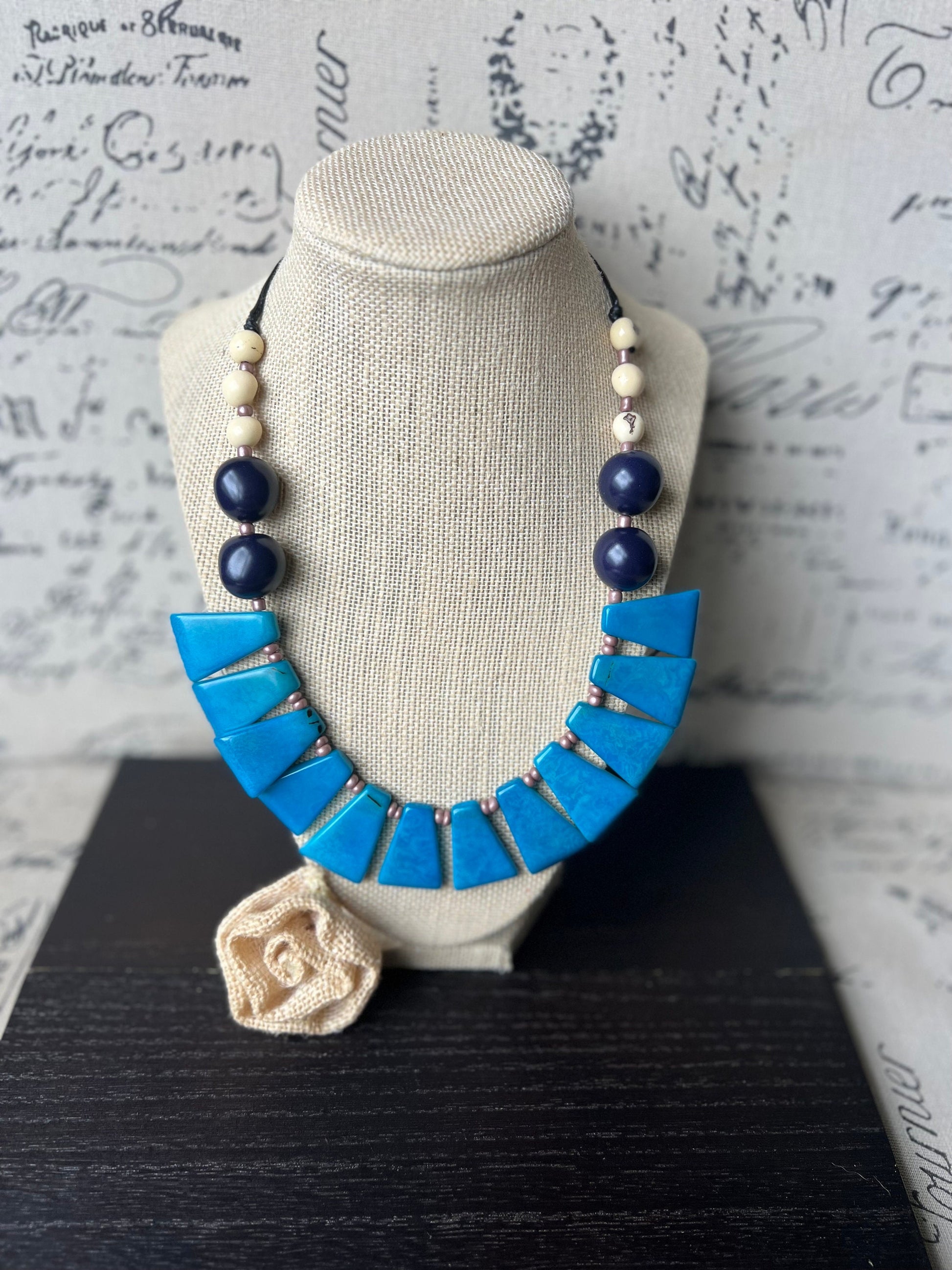 Turquoise statement necklace Adjustable cord Tagua jewelry Wearable art Big bold chunky necklace Fall fashion Handmade beaded necklace