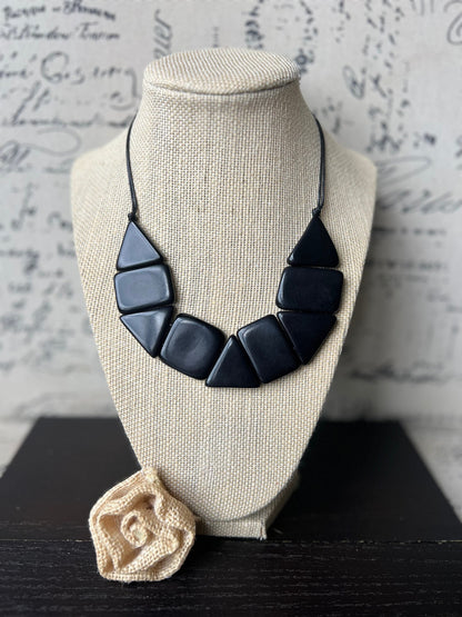 Black Tagua Nut Bib Necklace : Adjustable Cord, Eco Friendly Jewelry