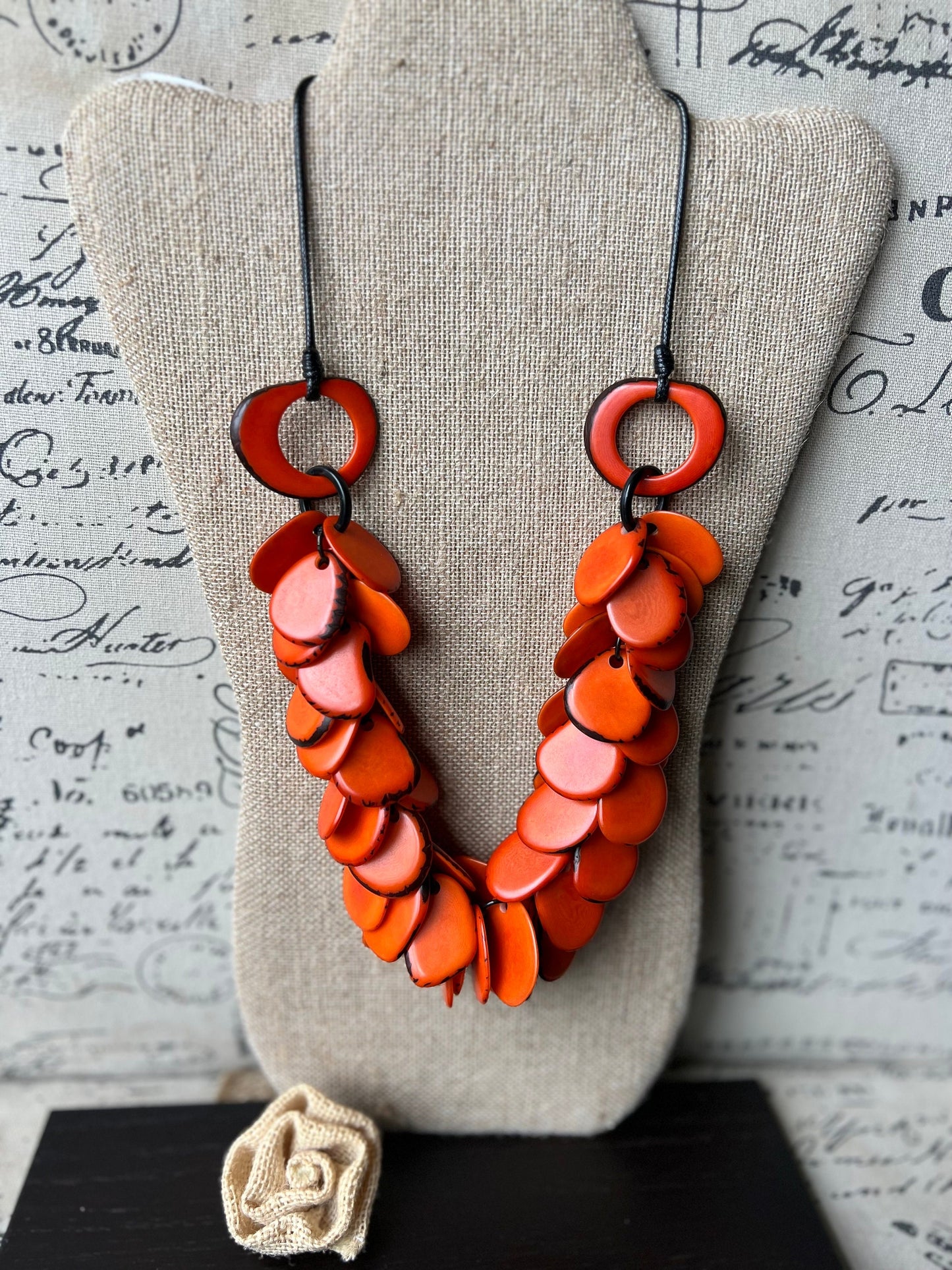 Orange statement necklace Tagua jewelry Beaded necklaces handmade Adjustable cord Unique gift for women Artisan jewelry findings Art to wear