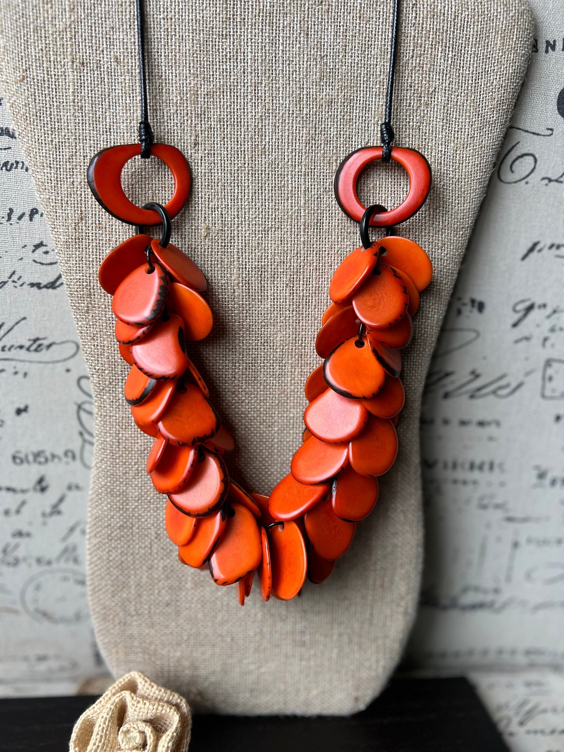 Orange statement necklace Tagua jewelry Beaded necklaces handmade Adjustable cord Unique gift for women Artisan jewelry findings Art to wear