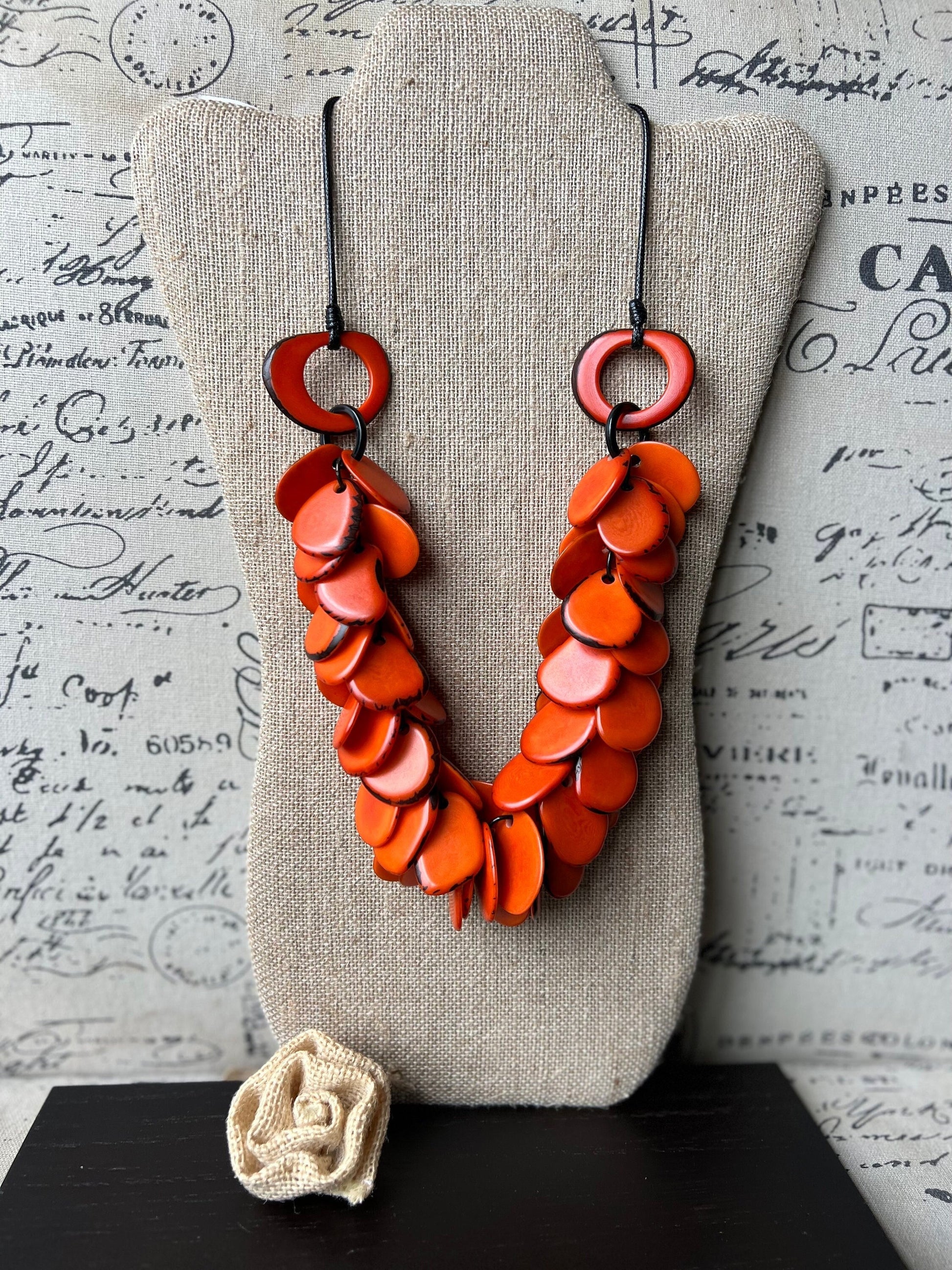 Orange statement necklace Tagua jewelry Beaded necklaces handmade Adjustable cord Unique gift for women Artisan jewelry findings Art to wear