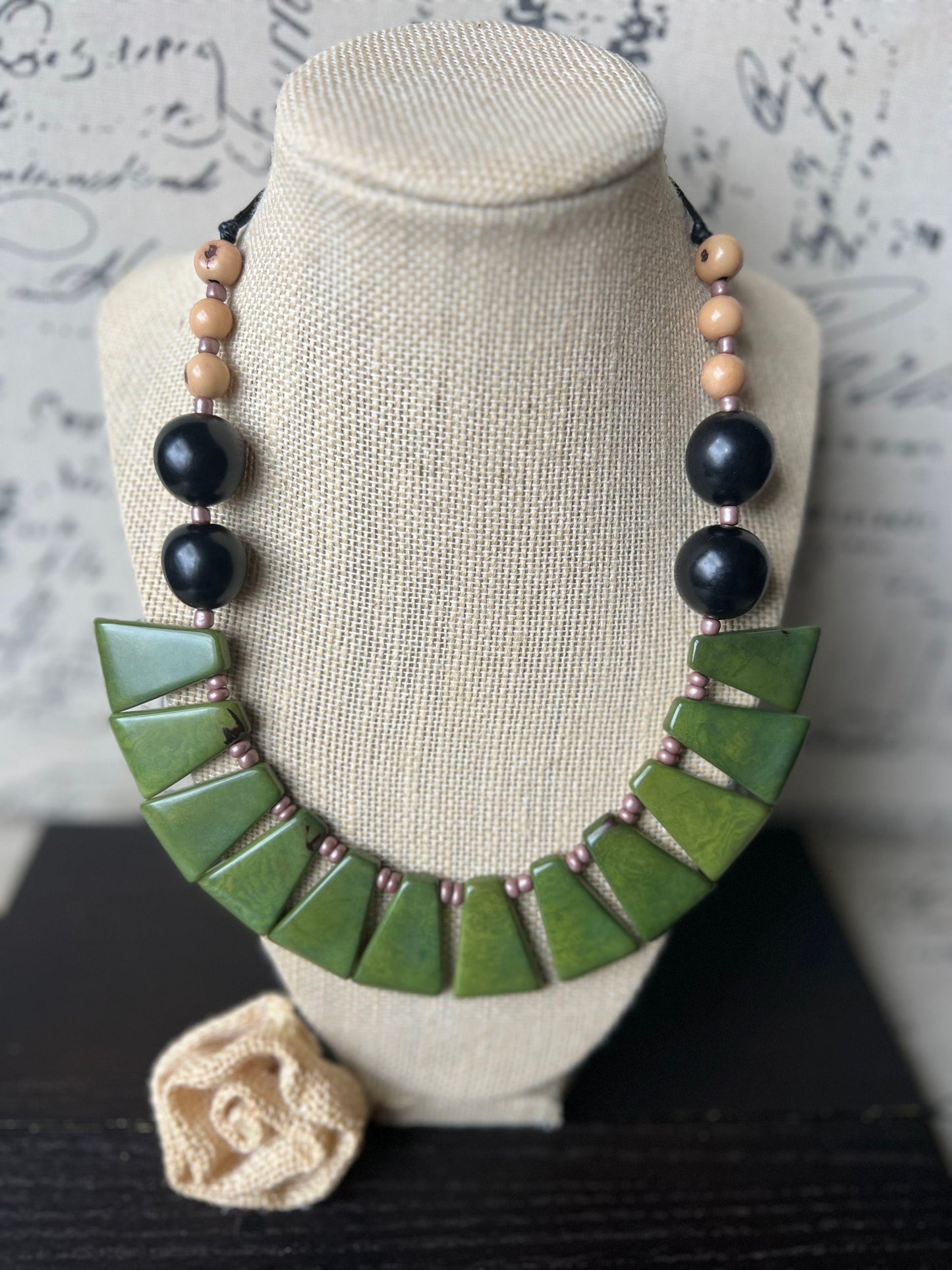 Olive green necklace Adjustable cord Tagua nut jewelry Big bold chunky necklace Art to wear Handmade beaded necklace Statement bead necklace