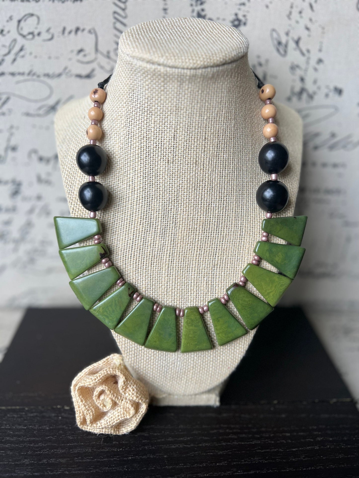 Olive green necklace Adjustable cord Tagua nut jewelry Big bold chunky necklace Art to wear Handmade beaded necklace Statement bead necklace