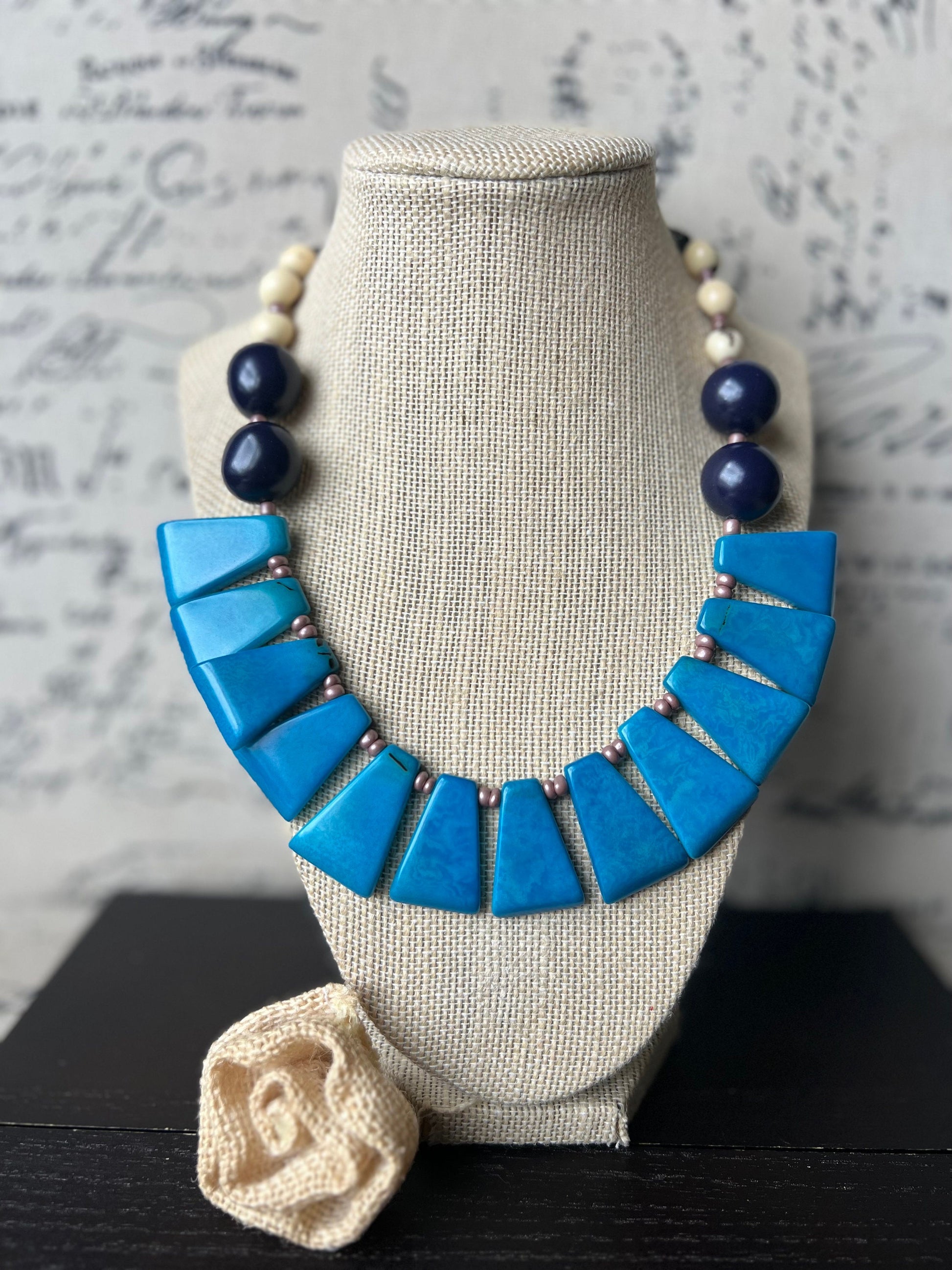 Turquoise statement necklace Adjustable cord Tagua jewelry Wearable art Big bold chunky necklace Fall fashion Handmade beaded necklace