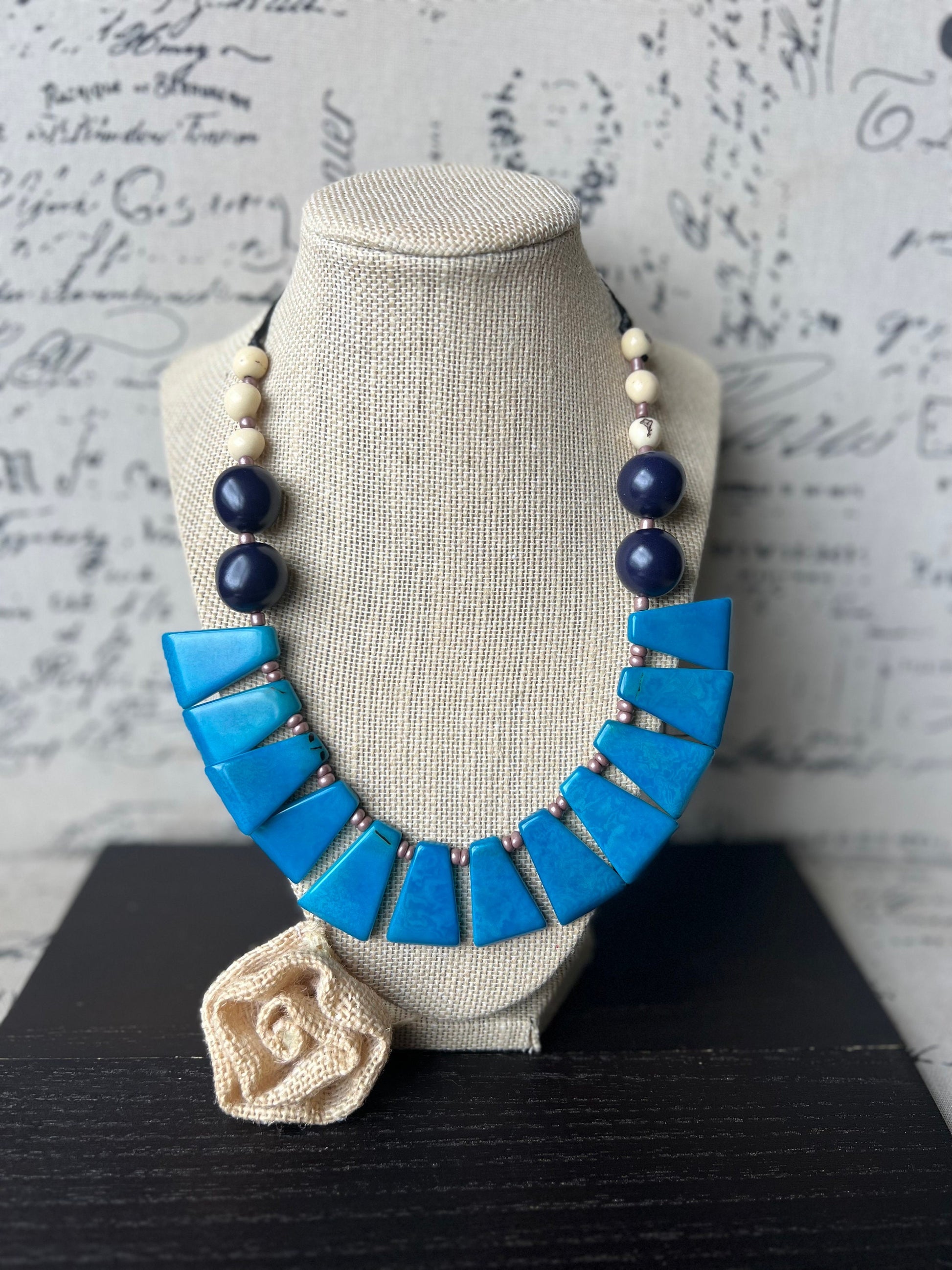 Turquoise statement necklace Adjustable cord Tagua jewelry Wearable art Big bold chunky necklace Fall fashion Handmade beaded necklace