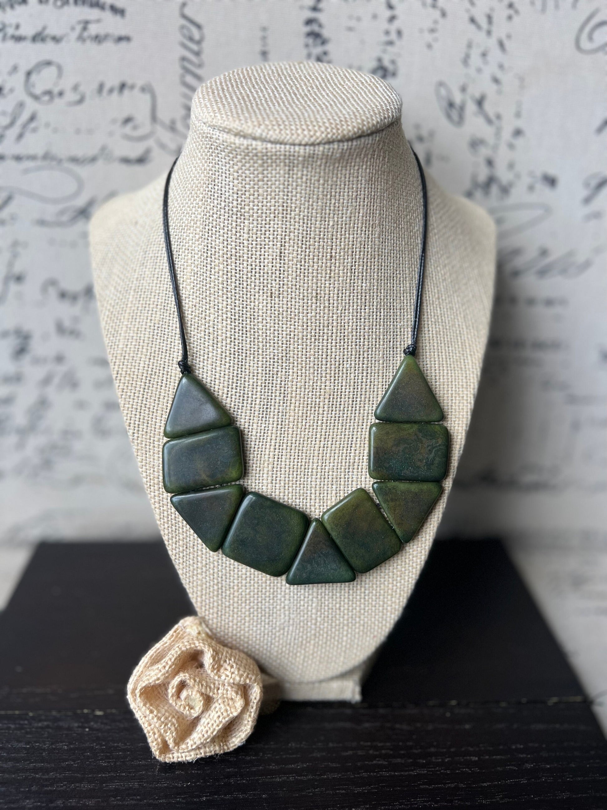 Olive green beaded necklace Tagua nut jewelry Christmas gift ideas Artisan handmade Anniversary present for wife Fall fashion trends