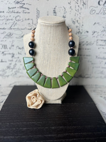 Olive green necklace Adjustable cord Tagua nut jewelry Big bold chunky necklace Art to wear Handmade beaded necklace Statement bead necklace