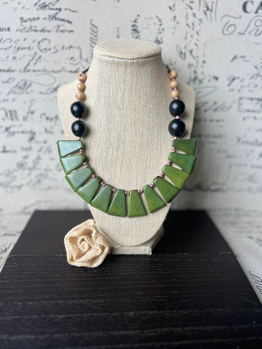 Olive green necklace Adjustable cord Tagua nut jewelry Big bold chunky necklace Art to wear Handmade beaded necklace Statement bead necklace