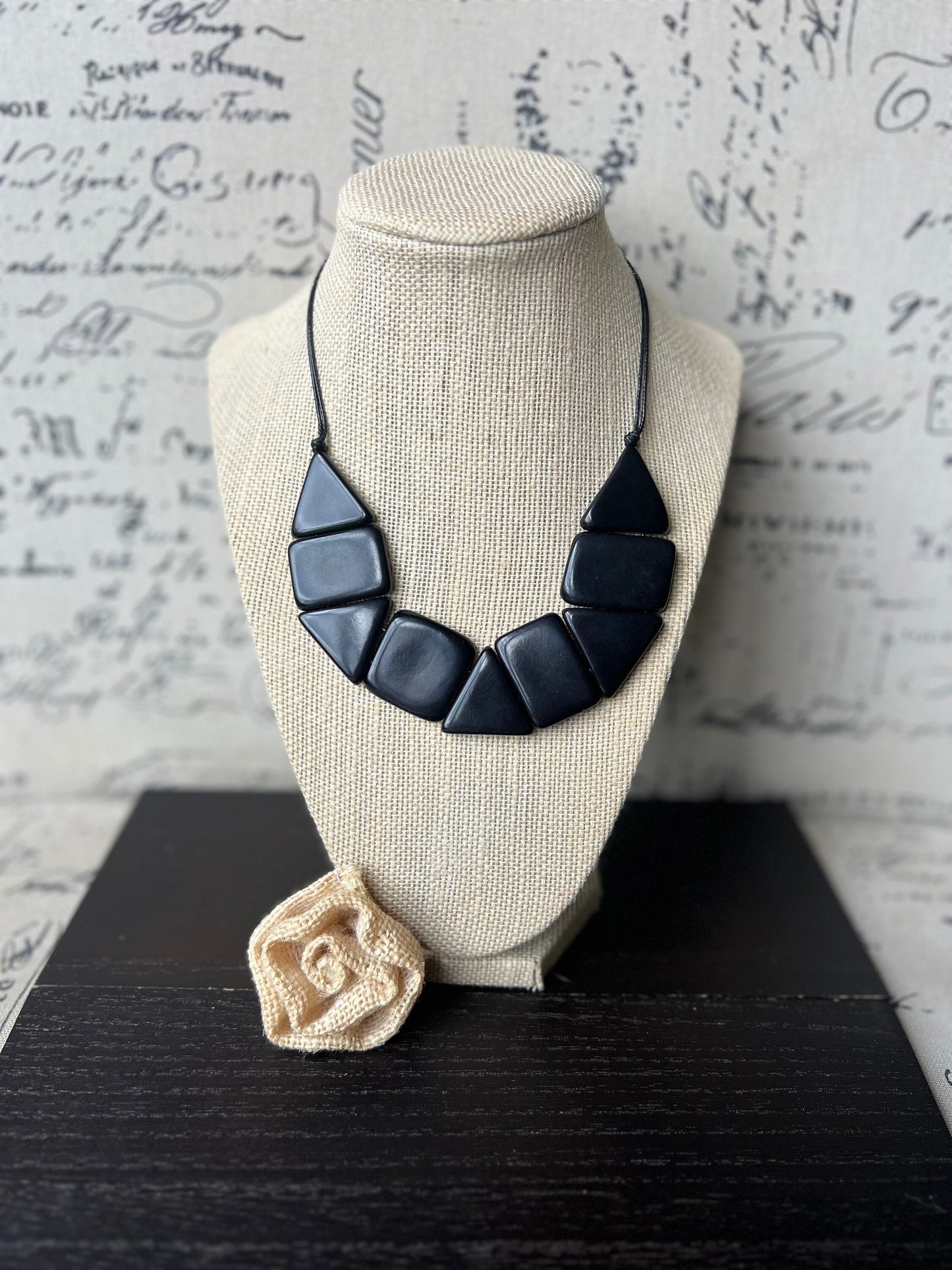 Black Tagua Nut Bib Necklace : Adjustable Cord, Eco Friendly Jewelry
