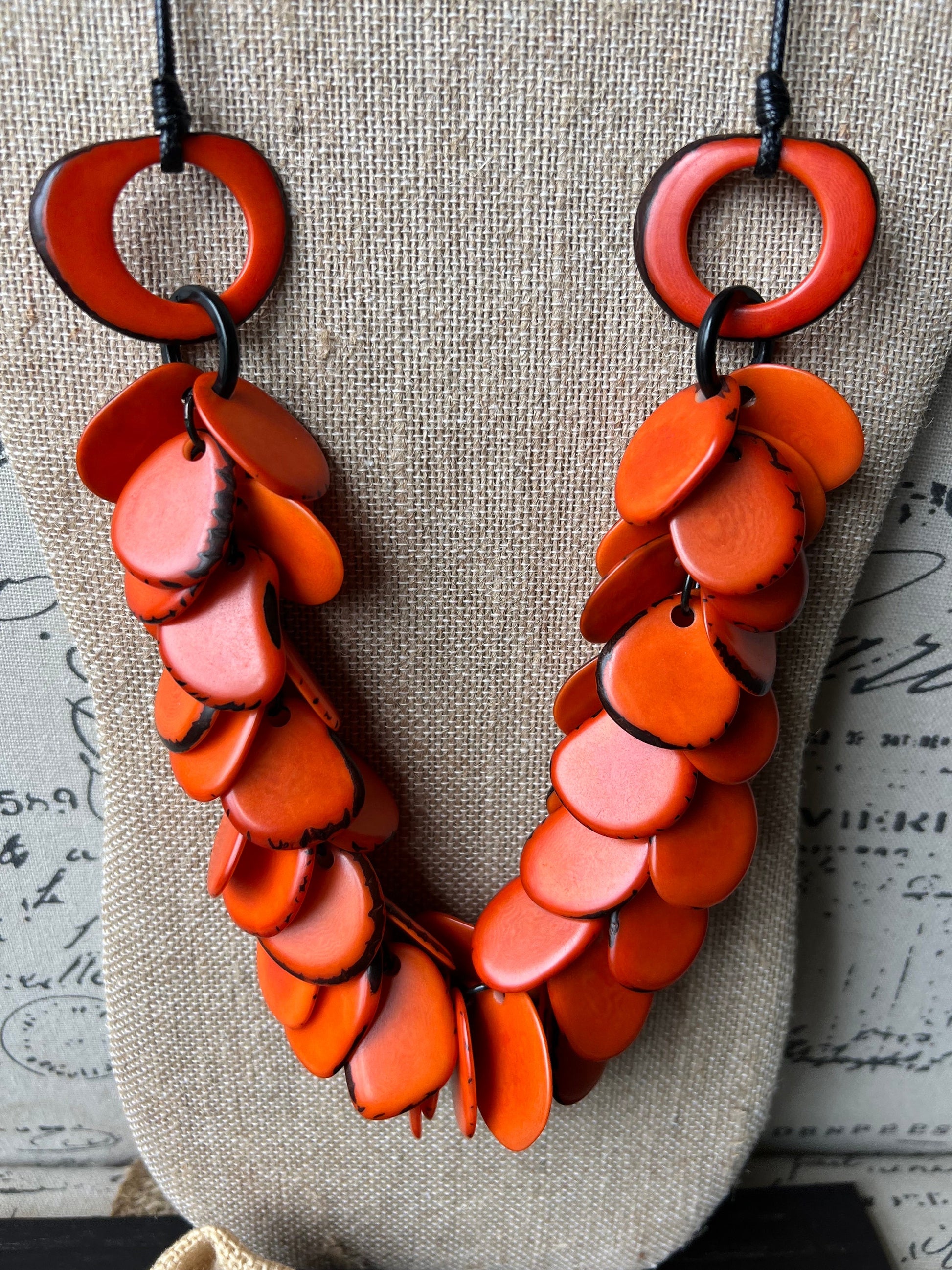 Orange statement necklace Tagua jewelry Beaded necklaces handmade Adjustable cord Unique gift for women Artisan jewelry findings Art to wear