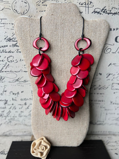 Red chunky necklace Tagua nut jewelry Artistic necklace Handmade beaded statement necklace Wearable art Mothers day gifts Spring fashion