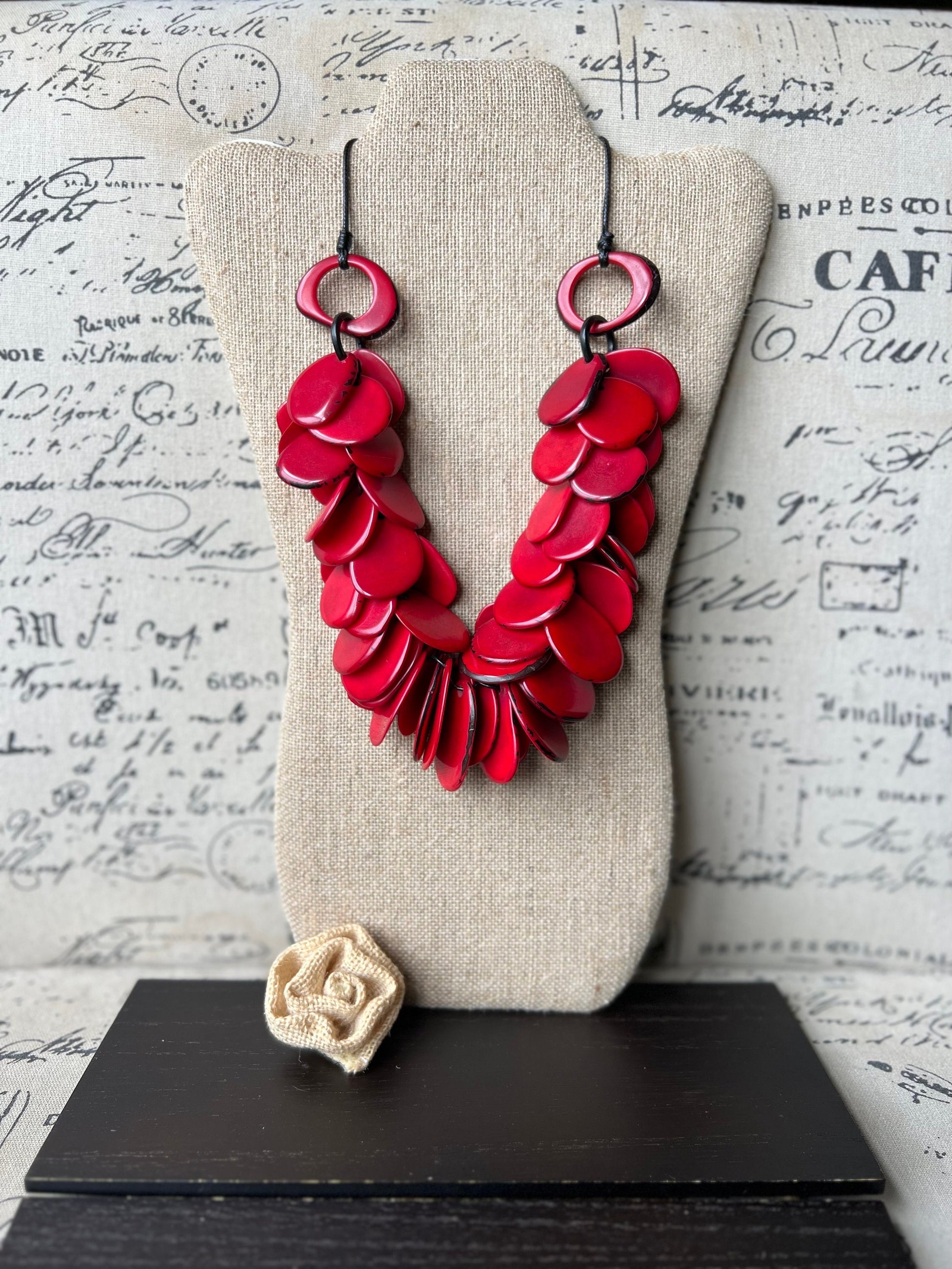 Red chunky necklace Tagua nut jewelry Artistic necklace Handmade beaded statement necklace Wearable art Mothers day gifts Spring fashion