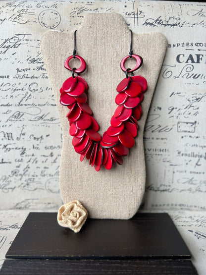 Red chunky necklace Tagua nut jewelry Artistic necklace Handmade beaded statement necklace Wearable art Mothers day gifts Spring fashion