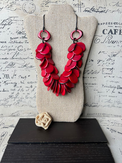 Red chunky necklace Tagua nut jewelry Artistic necklace Handmade beaded statement necklace Wearable art Mothers day gifts Spring fashion