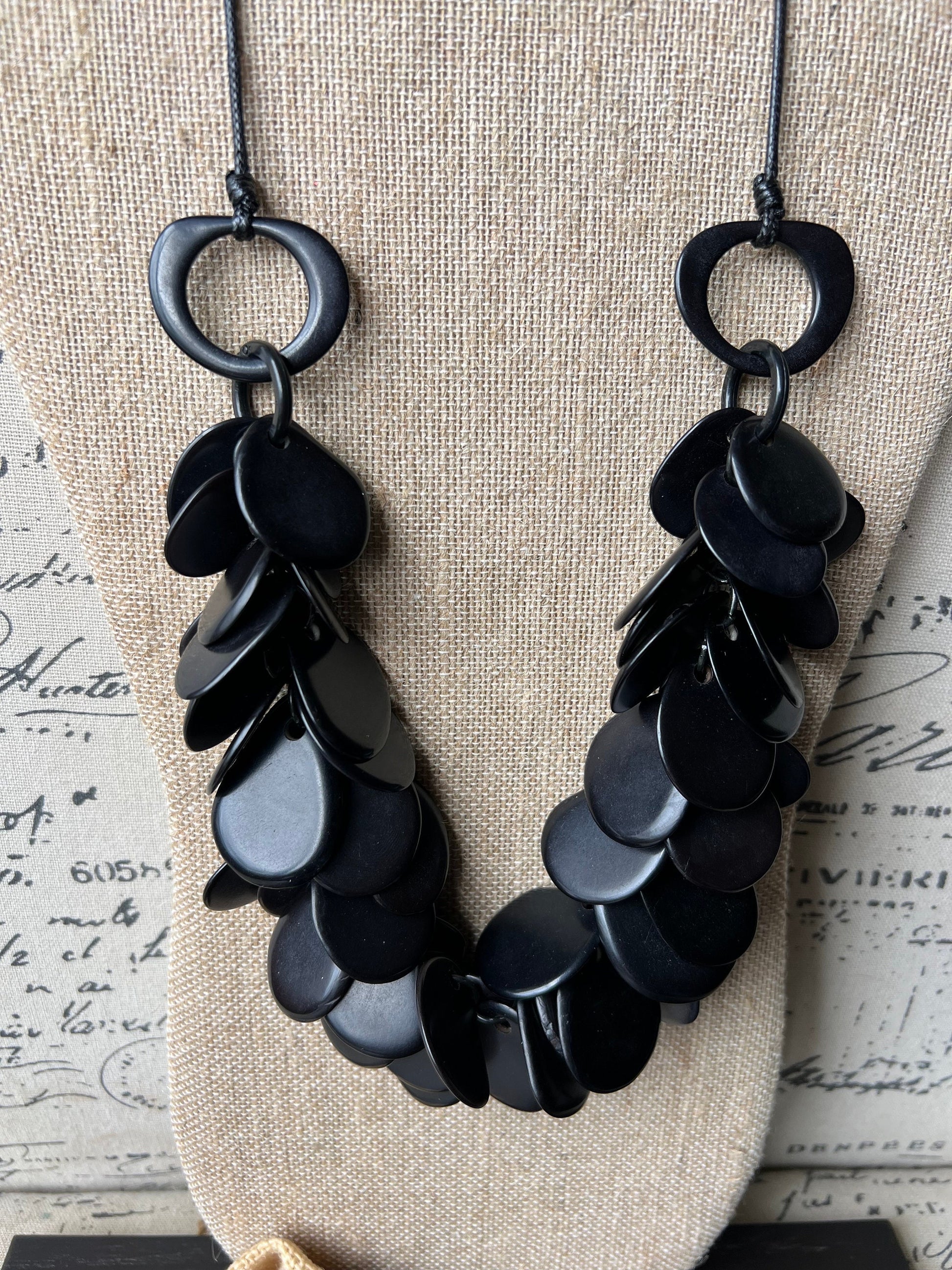 Black chunky necklace Tagua nut jewelry Statement necklaces for women Spring fashions 2025 Art to wear Adjustable cord Mothers day gifts