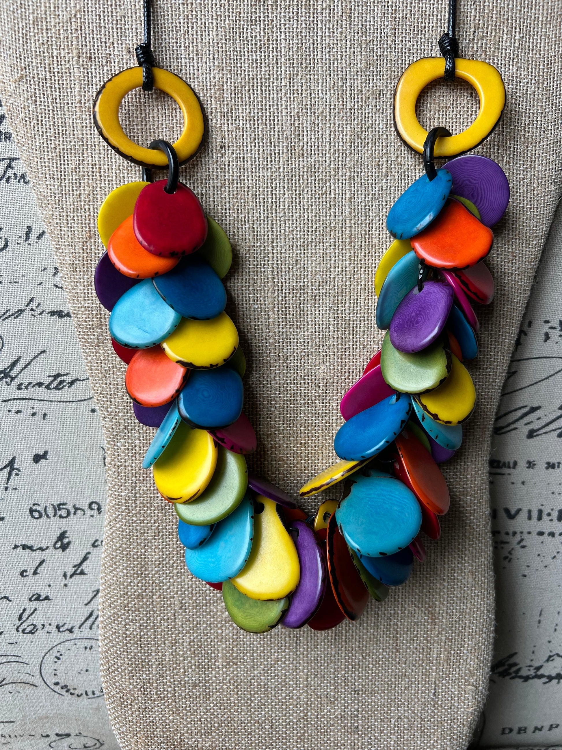 Rainbow statement necklace Tagua jewelry lightweight Adjustable cord Pride jewelry Summer fashion Multi color beaded necklace Art to wear