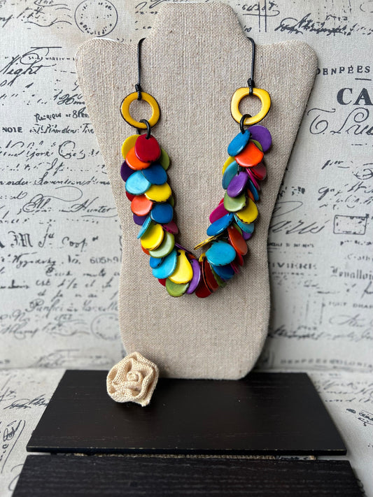 Rainbow statement necklace Tagua jewelry lightweight Adjustable cord Pride jewelry Summer fashion Multi color beaded necklace Art to wear