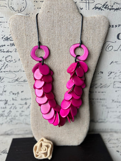 Pink chunky necklace Tagua jewelry Fuchsia bead necklace Adjustable cord Wearable art Big bold chunky necklaces Fall fashions 2025