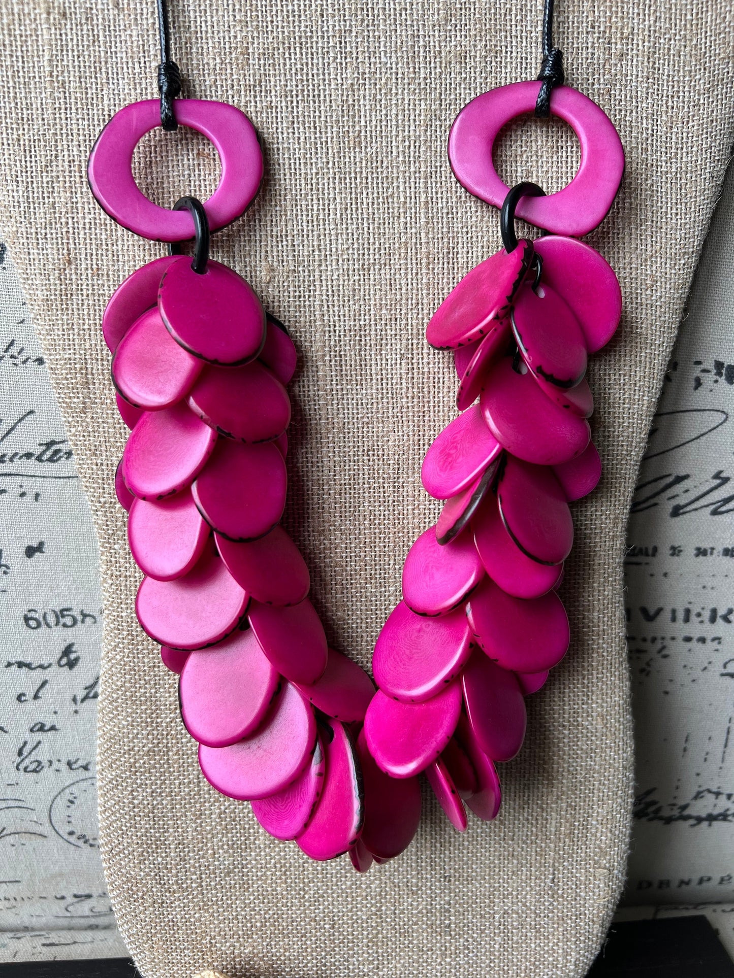 Pink chunky necklace Tagua jewelry Fuchsia bead necklace Adjustable cord Wearable art Big bold chunky necklaces Fall fashions 2025