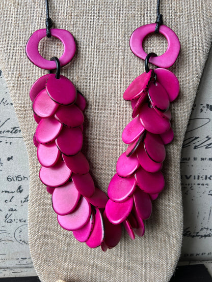 Pink chunky necklace Tagua jewelry Fuchsia bead necklace Adjustable cord Wearable art Big bold chunky necklaces Fall fashions 2025