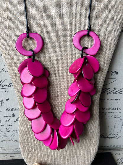 Pink chunky necklace Tagua jewelry Fuchsia bead necklace Adjustable cord Wearable art Big bold chunky necklaces Fall fashions 2025