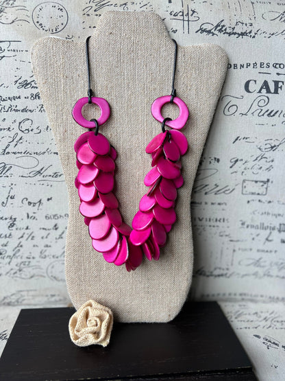 Pink chunky necklace Tagua jewelry Fuchsia bead necklace Adjustable cord Wearable art Big bold chunky necklaces Fall fashions 2025
