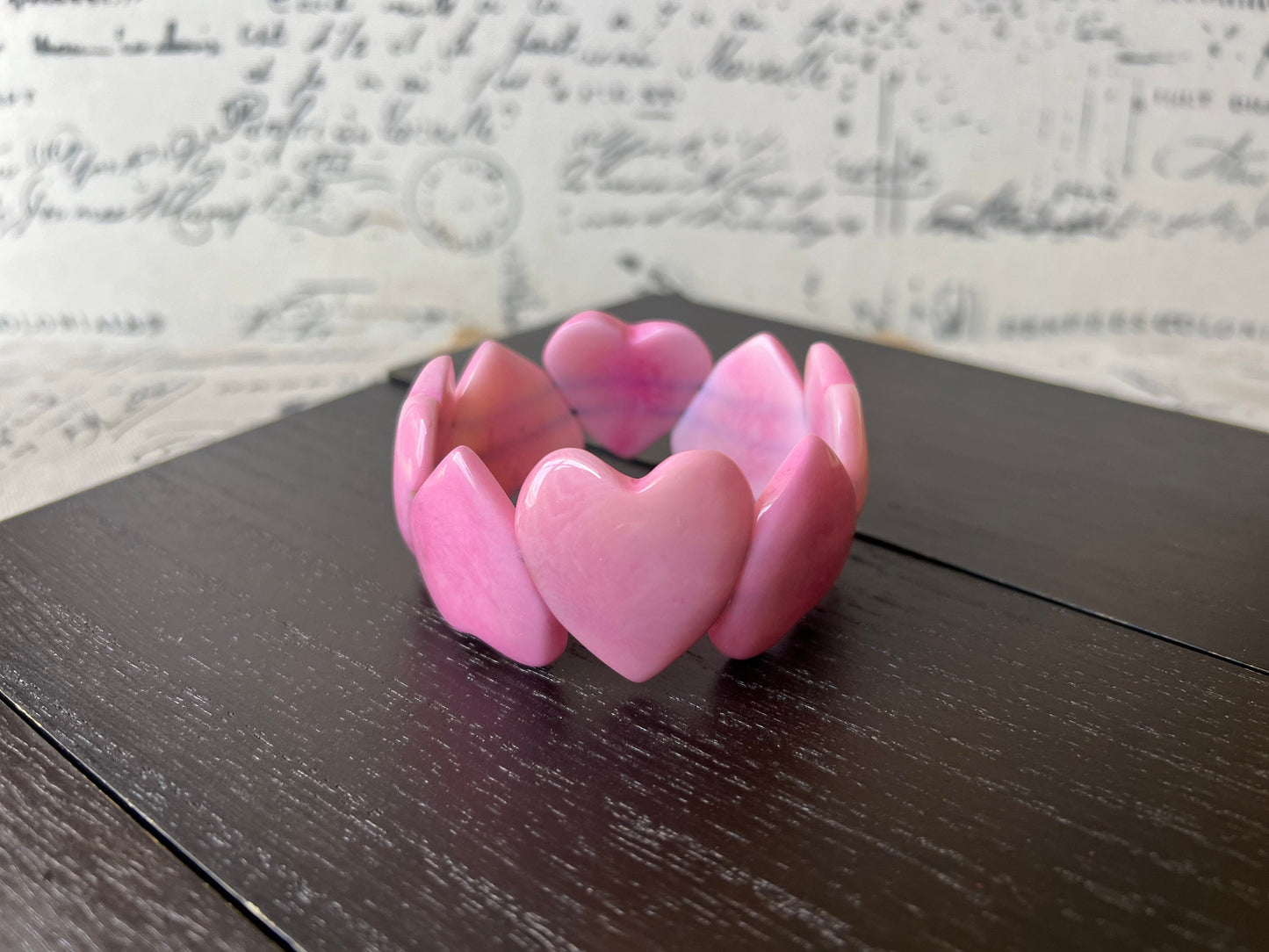 Pink Heart Bracelet : Tagua Nut Bangle, Elastic Stretch Jewelry