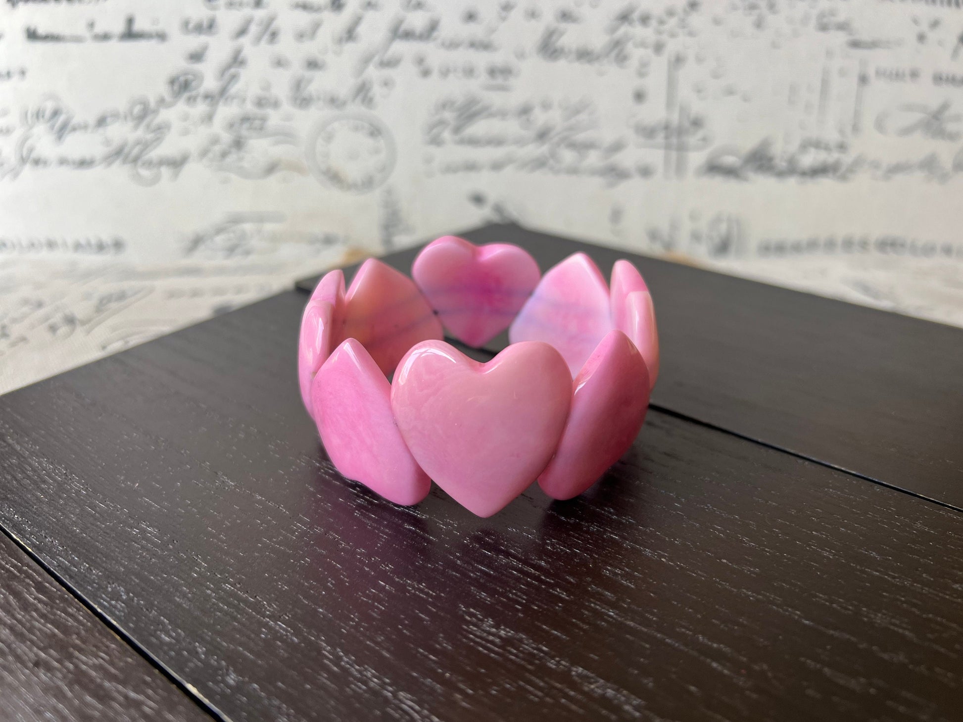 Pink Heart Bracelet : Tagua Nut Bangle, Elastic Stretch Jewelry