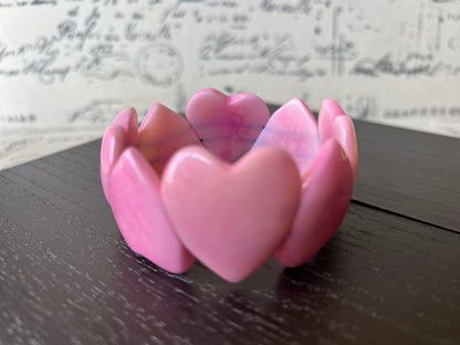 Pink Heart Bracelet : Tagua Nut Bangle, Elastic Stretch Jewelry