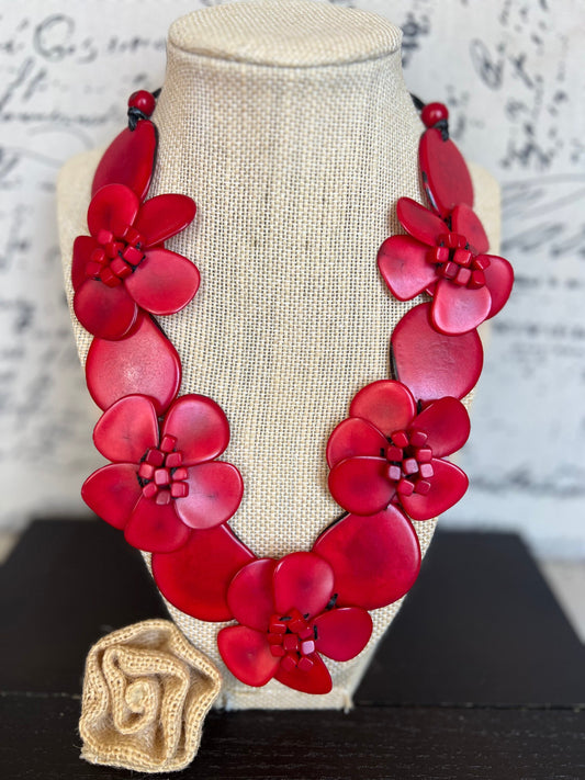 Red flower statement necklace Tagua jewelry Big bold necklaces Wearable art Beaded necklaces Floral jewelry Red roses Fall fashion