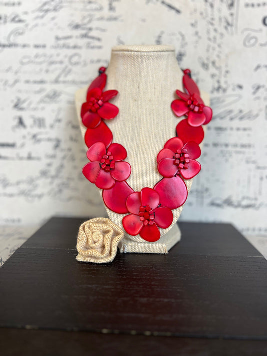 Red flower statement necklace Tagua jewelry Mothers day gifts Big bold necklaces Wearable art Beaded necklaces Floral jewelry Red roses