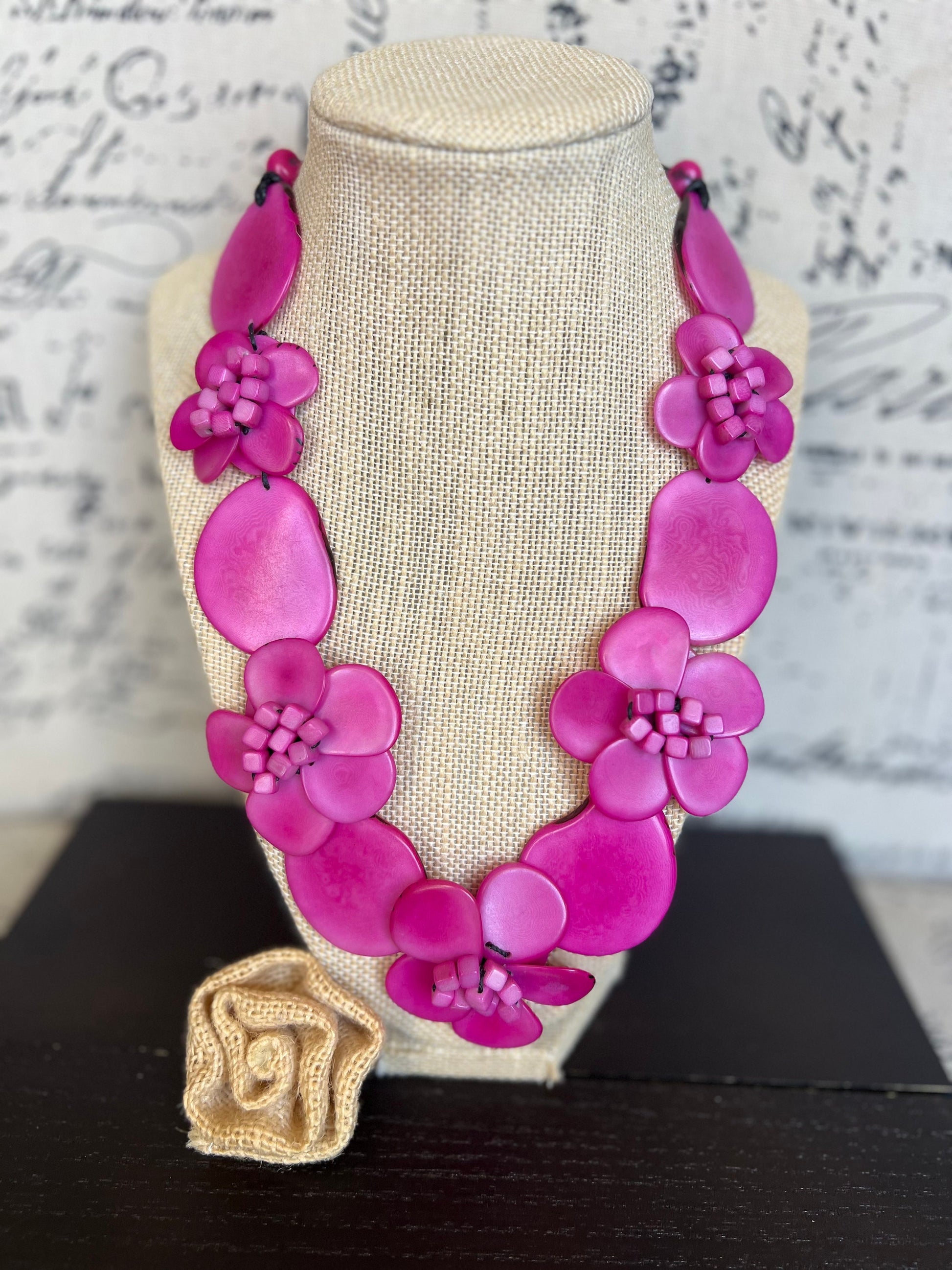 Pink flower statement necklace Tagua jewelry Beach fashion Big bold necklaces Adjustable cord Wearable art Floral necklace Art to wear