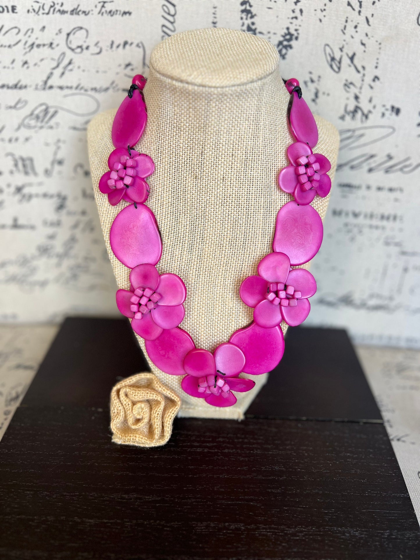 Pink flower statement necklace Tagua jewelry Beach fashion Big bold necklaces Adjustable cord Wearable art Floral necklace Art to wear