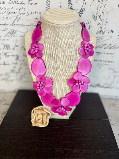 Pink flower statement necklace Tagua jewelry Beach fashion Big bold necklaces Adjustable cord Wearable art Floral necklace Art to wear