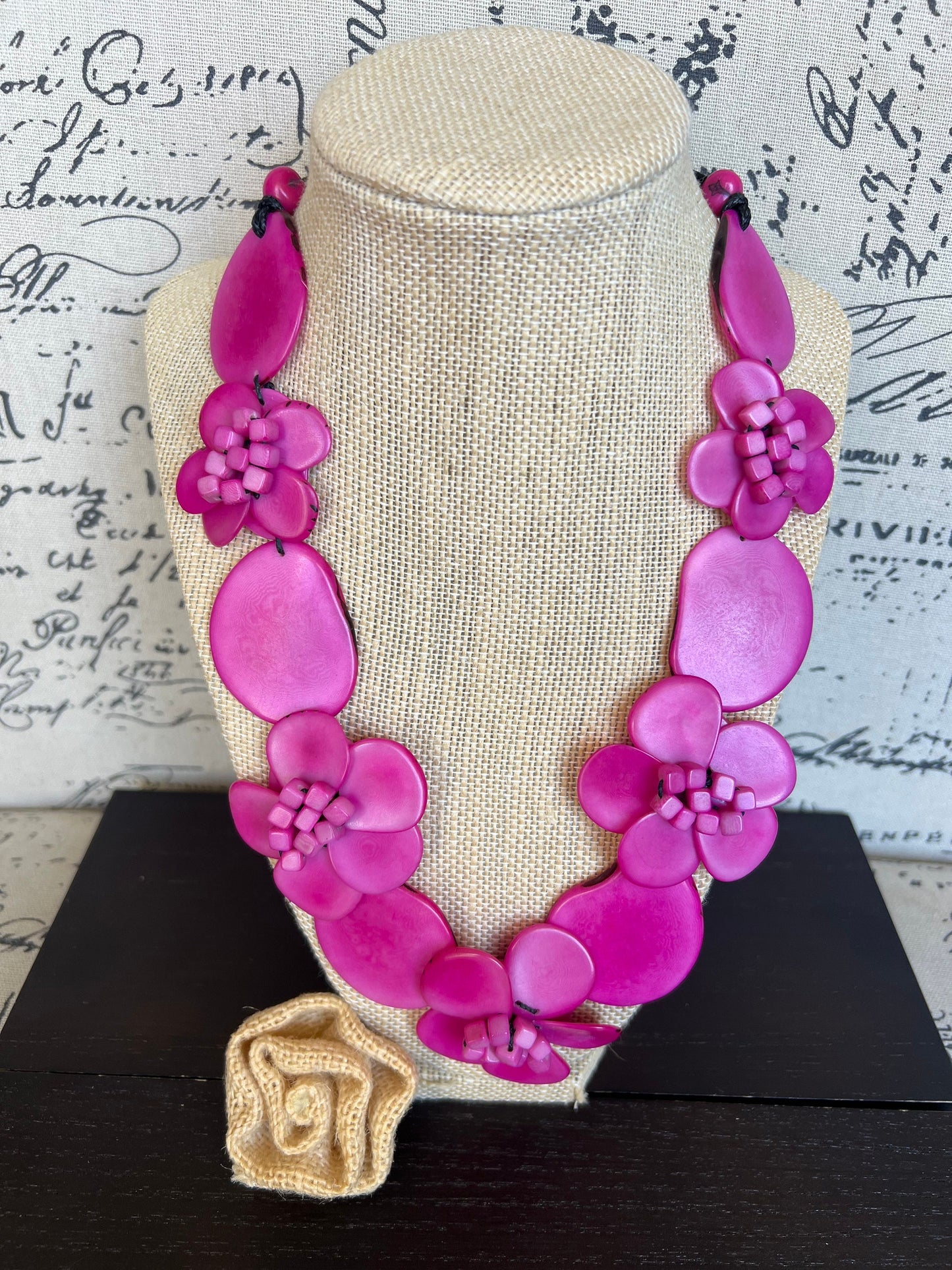Pink flower statement necklace Tagua jewelry Beach fashion Big bold necklaces Adjustable cord Wearable art Floral necklace Art to wear