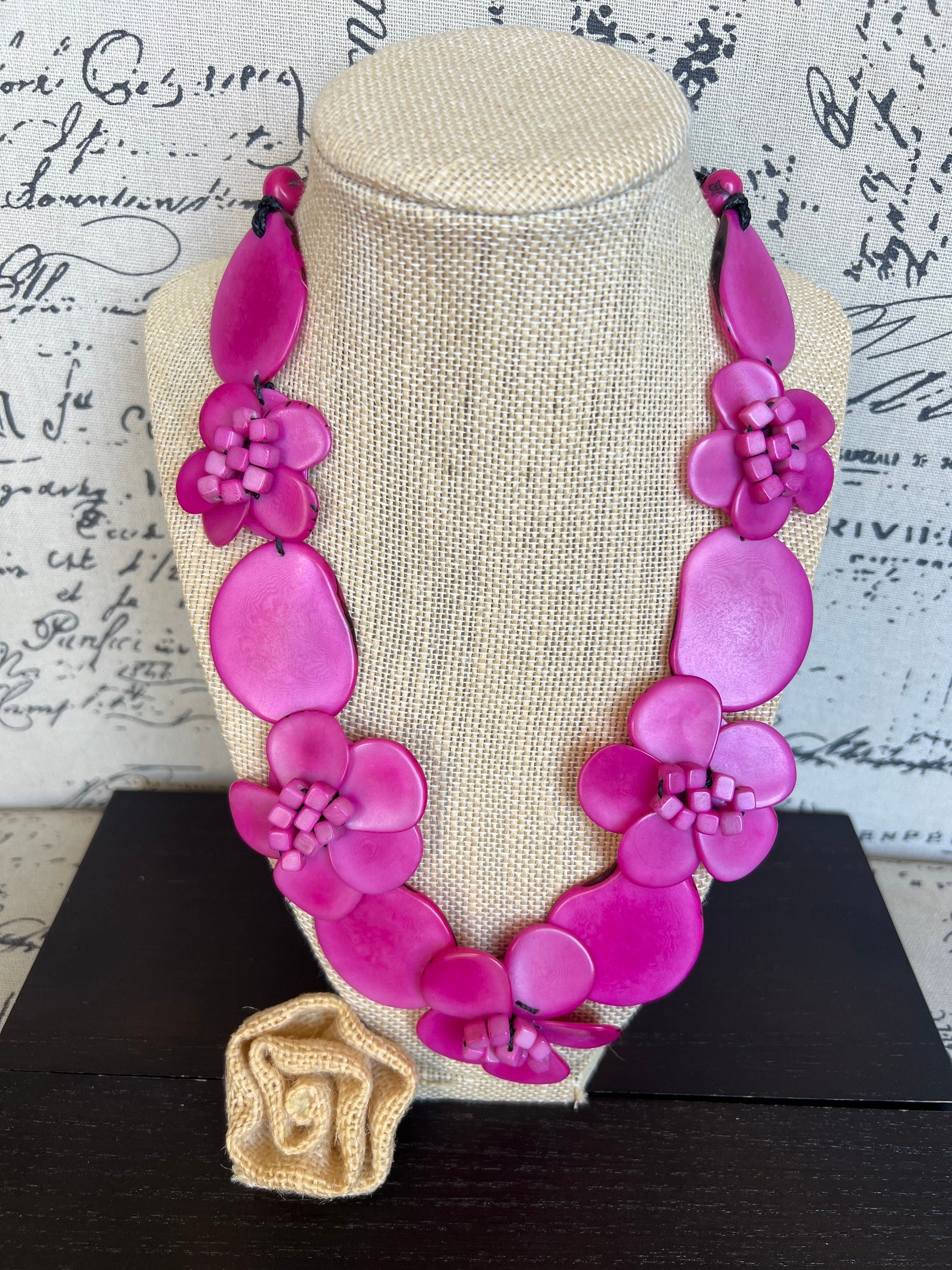 Pink flower statement necklace Tagua jewelry Beach fashion Big bold necklaces Adjustable cord Wearable art Floral necklace Art to wear