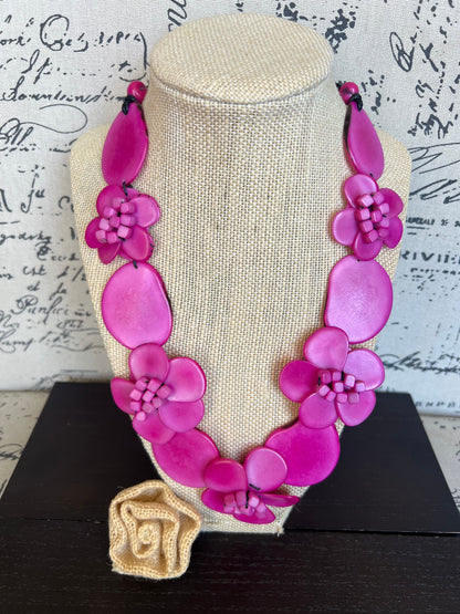 Pink flower statement necklace Tagua jewelry Beach fashion Big bold necklaces Adjustable cord Wearable art Floral necklace Art to wear