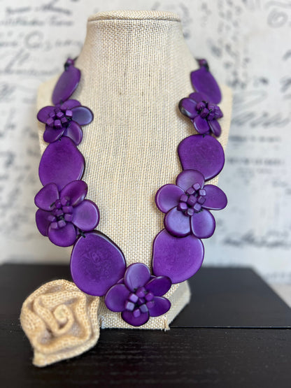Purple flower statement necklace Tagua jewelry Fall fashion trends Big bold chunky necklace Beach trends Floral design Mother’s Day gifts