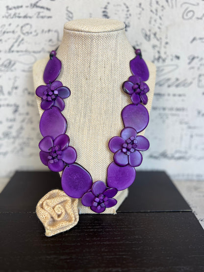 Purple flower statement necklace Tagua jewelry Spring fashion trends Big bold chunky necklace Beach trends Floral design Mother’s Day gifts