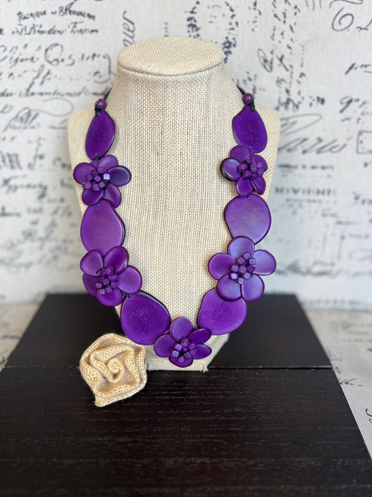 Purple flower statement necklace Tagua jewelry Spring fashion trends Big bold chunky necklace Beach trends Floral design Mother’s Day gifts