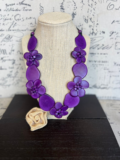 Purple flower statement necklace Tagua jewelry Fall fashion trends Big bold chunky necklace Beach trends Floral design Mother’s Day gifts