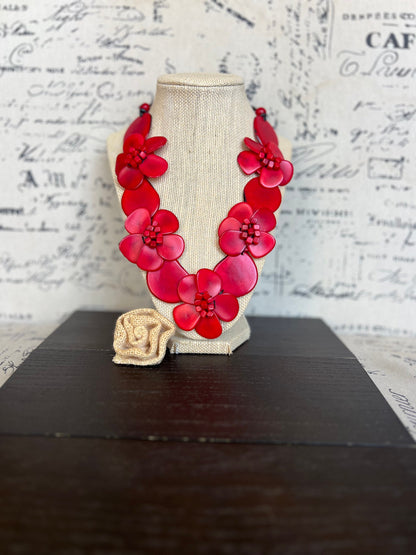 Red flower statement necklace Tagua jewelry Mothers day gifts Big bold necklaces Wearable art Beaded necklaces Floral jewelry Red roses