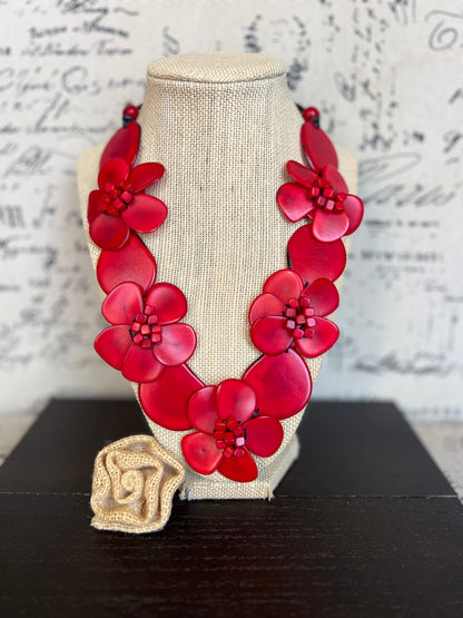 Red flower statement necklace Tagua jewelry Mothers day gifts Big bold necklaces Wearable art Beaded necklaces Floral jewelry Red roses