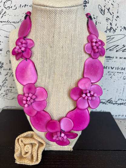 Pink flower statement necklace Tagua jewelry Beach fashion Big bold necklaces Adjustable cord Wearable art Floral necklace Art to wear